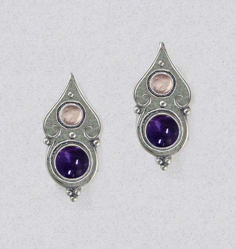 Sterling Silver Gothic Look Post Stud Earrings With Iolite And Rose Quartz